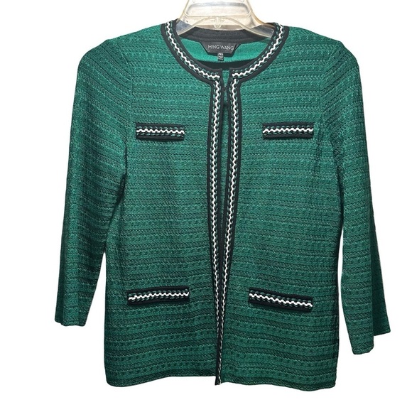 Ming Wang Green Textured Knit Suit Jacket Ribbon Trim Eye & Hook Black White PXS - Picture 6 of 15